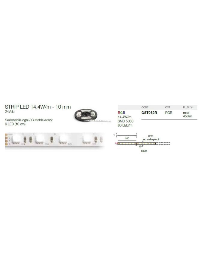 Striscia Led RGB Dimmerabile 14,4W/m 5 Metri IP20 24DC GST062R Gea Led